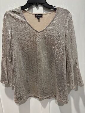 Sequin V-Neck Bell Sleeve Blouse